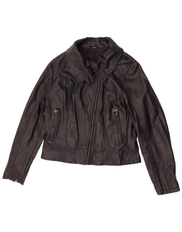 Vintage Womens Faux Leather Biker Jacket UK 18 XL Black Polyurethane