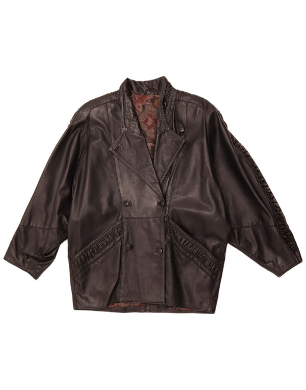 VINTAGE Womens Double Breasted Leather Jacket UK 16 Large Black Leather