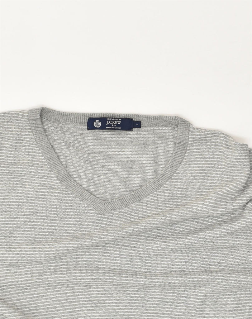 J. CREW Mens V-Neck Jumper Sweater Large Grey Striped Cotton | Vintage J. Crew | Thrift | Second-Hand J. Crew | Used Clothing | Messina Hembry 