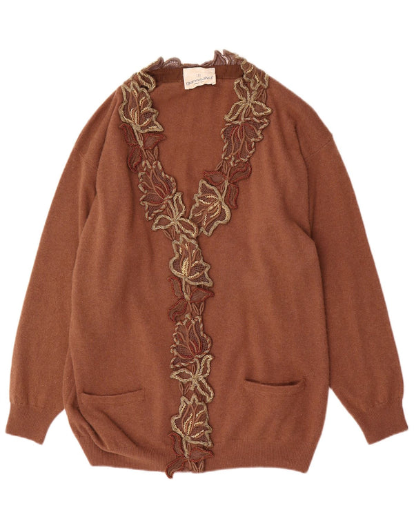 Vintage Womens V-Neck Jumper Sweater UK 18 XL Brown Floral Wool