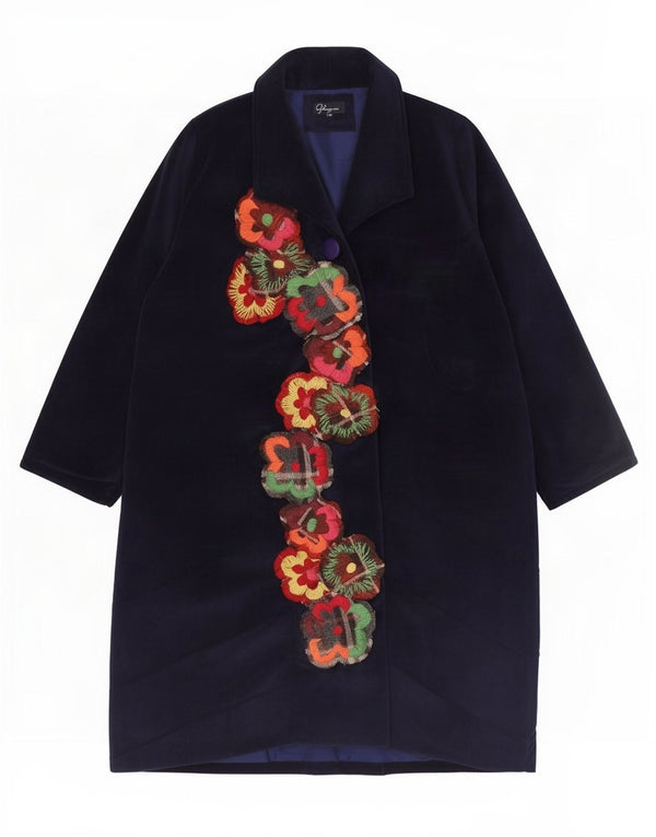 Ghungroo Womens Velvet Overcoat One Size Navy Blue Floral Cotton