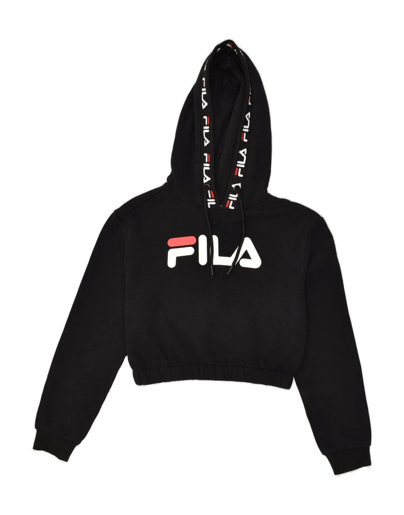 FILA Womens Graphic Crop Hoodie Jumper UK 2 2XS Black Cotton | Vintage Fila | Thrift | Second-Hand Fila | Used Clothing | Messina Hembry 