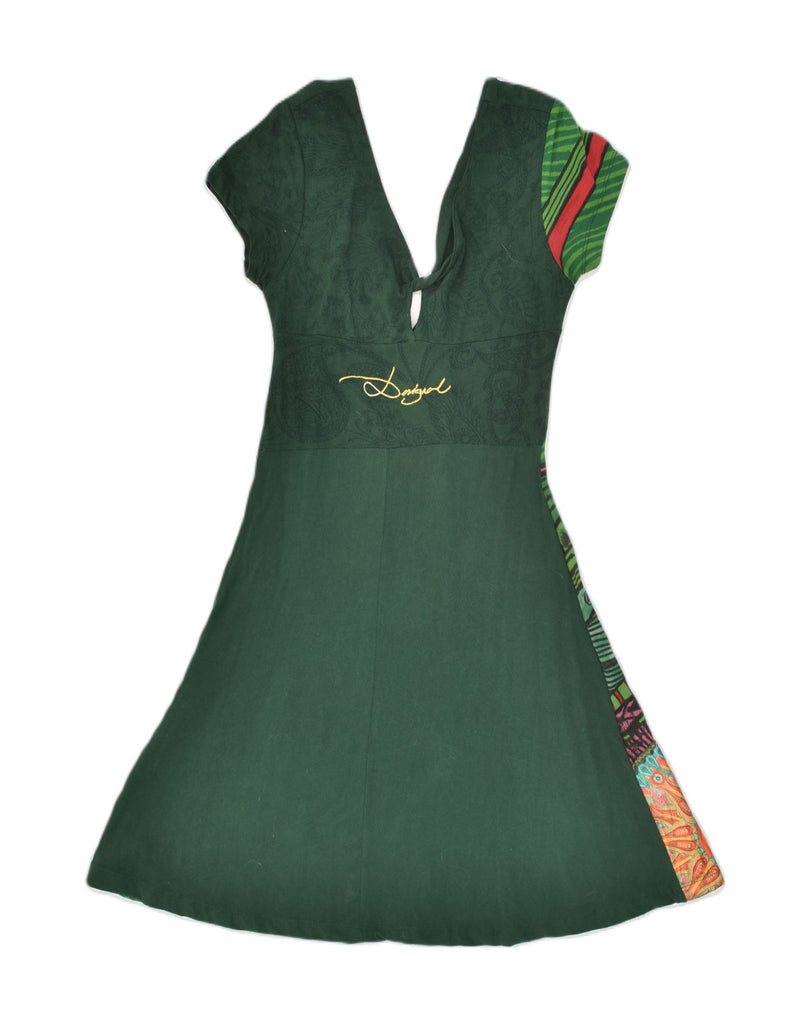 DESIGUAL Womens Graphic A-Line Dress UK 8 Small Green Cotton | Vintage Desigual | Thrift | Second-Hand Desigual | Used Clothing | Messina Hembry 