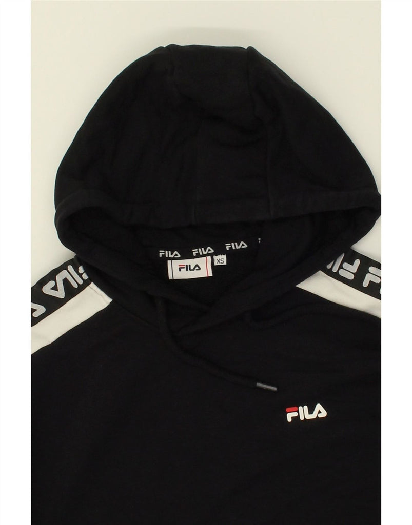 FILA Womens Graphic Hoodie Jumper UK 6 XS Black Colourblock | Vintage Fila | Thrift | Second-Hand Fila | Used Clothing | Messina Hembry 