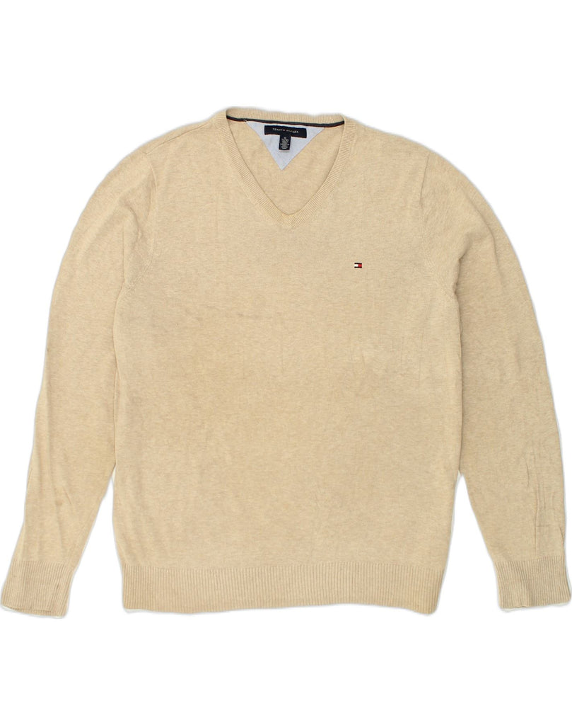 TOMMY HILFIGER Mens V-Neck Jumper Sweater XL Beige Cotton | Vintage Tommy Hilfiger | Thrift | Second-Hand Tommy Hilfiger | Used Clothing | Messina Hembry 