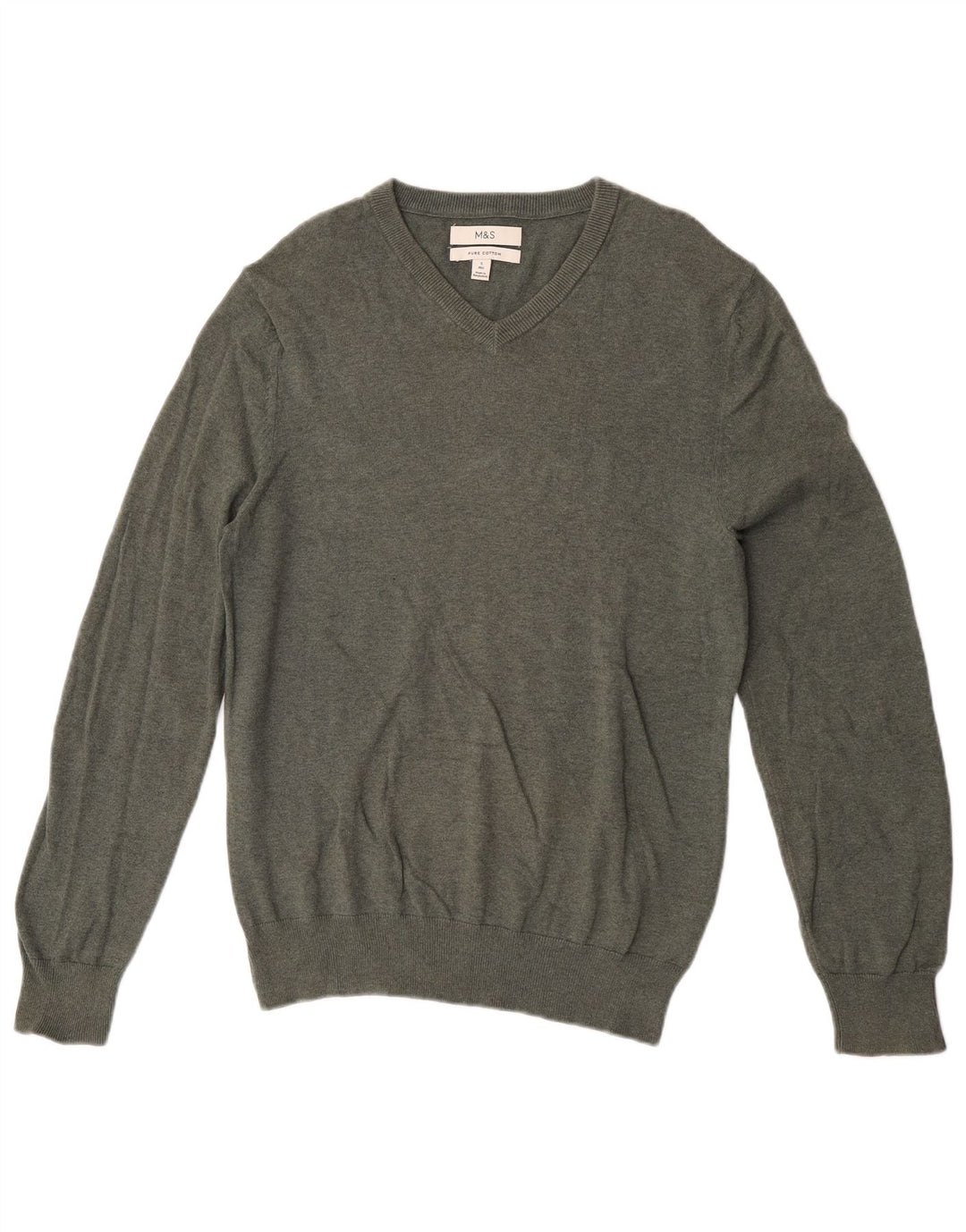 Marks & Spencer Mens V-Neck Jumper Sweater Small Khaki Cotton