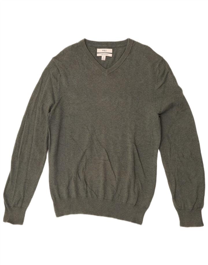 Marks & Spencer Mens V-Neck Jumper Sweater Small Khaki Cotton
