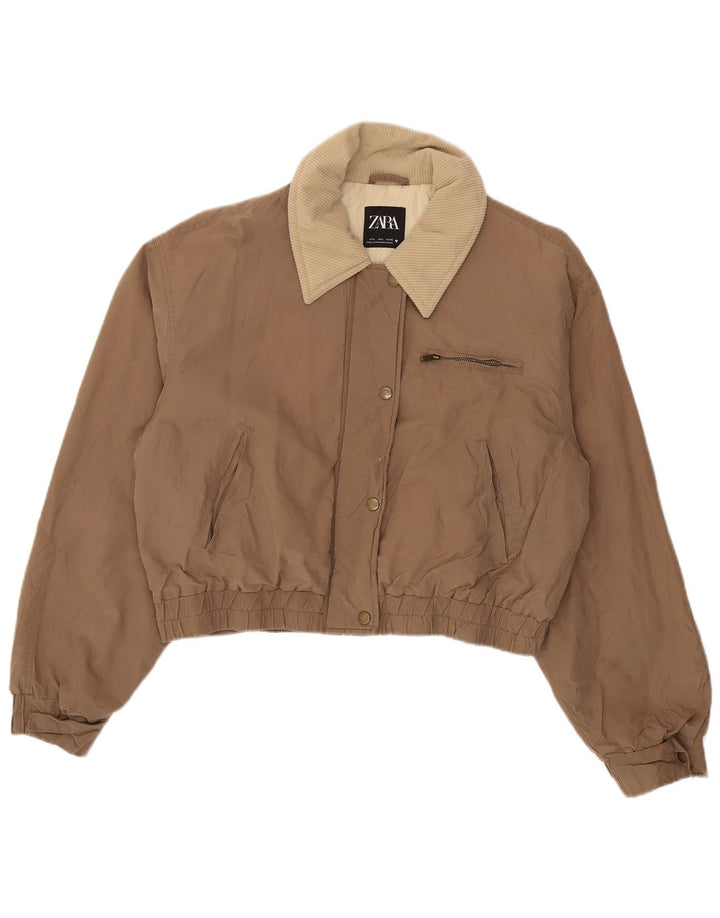 Zara Womens Crop Bomber Jacket UK 16 Large Brown Cotton