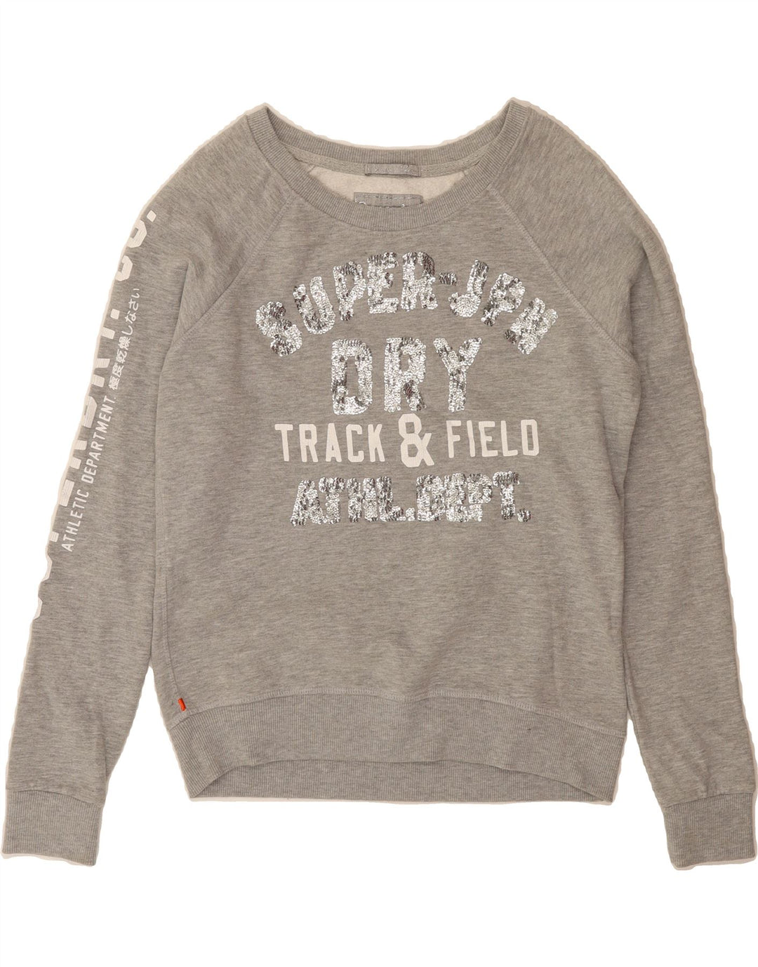 SUPERDRY Womens Track & Field Graphic Sweatshirt Jumper UK 16 Large Grey Vintage Superdry and Second-Hand Superdry from Messina Hembry 