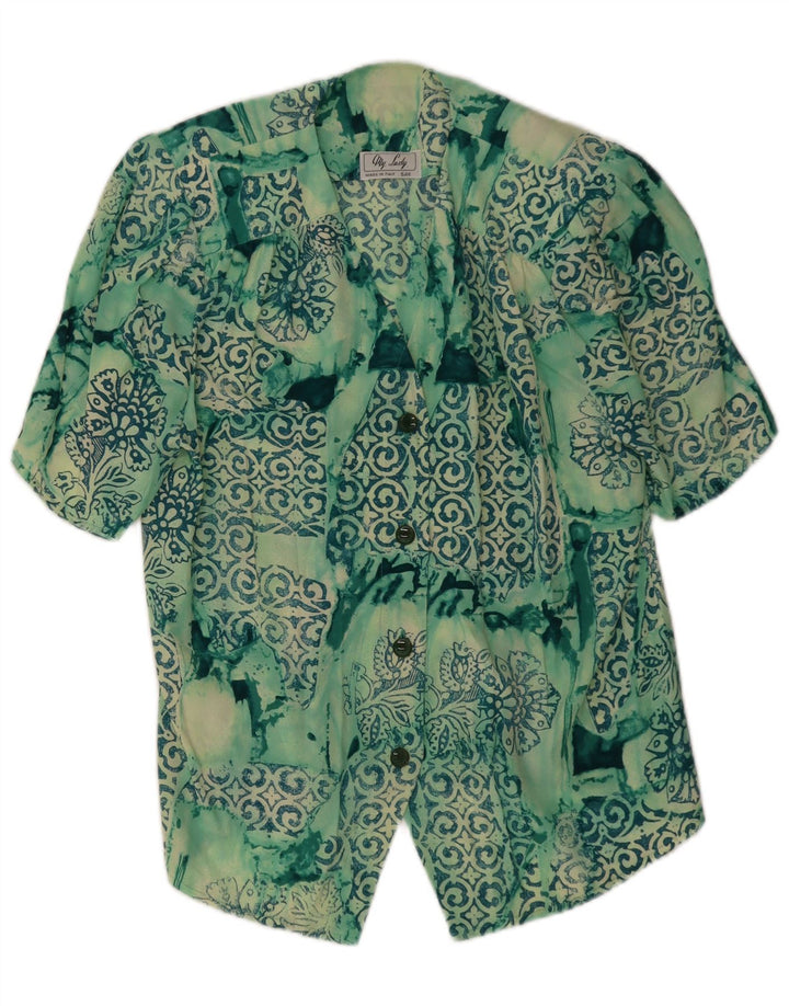 Vintage Womens Short Sleeve Shirt Blouse UK 14 Medium Green Patchwork