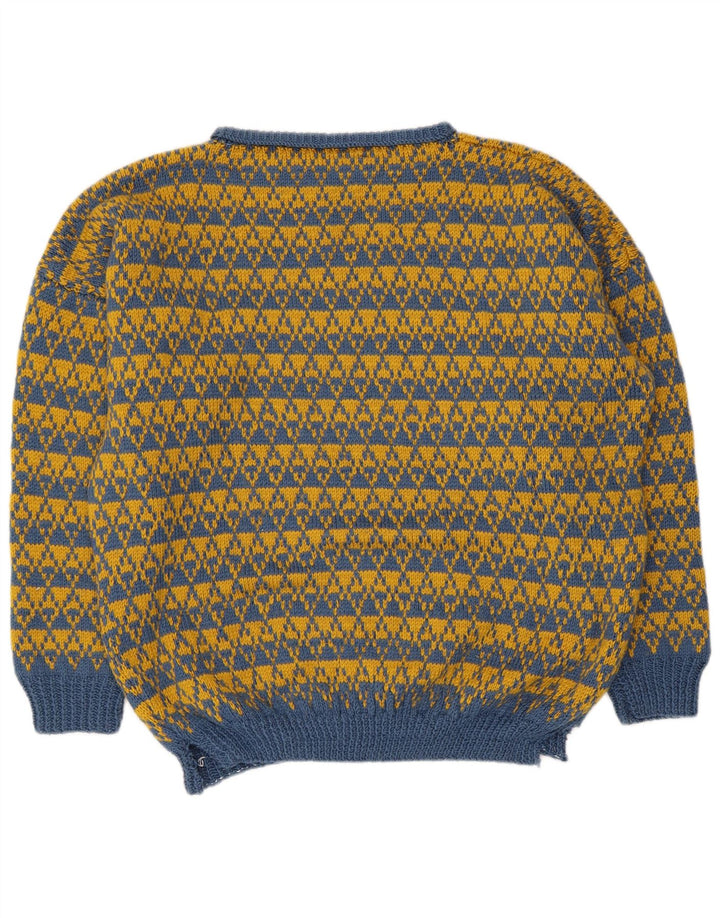Vintage Mens Boat Neck Jumper Sweater Large Blue Geometric