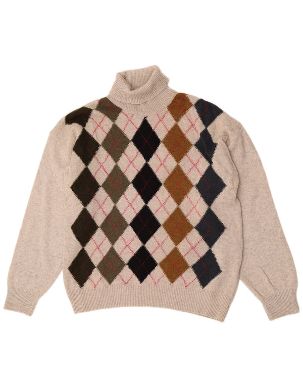 Tom Tino Mens Roll Neck Jumper Sweater IT 50 Medium Grey Argyle/Diamond