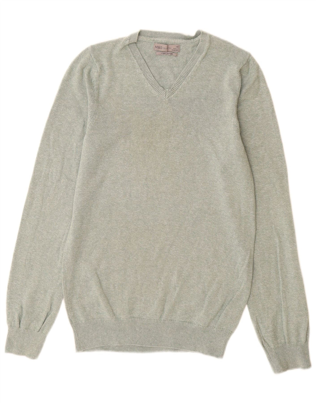 Marks & Spencer Mens V-Neck Jumper Sweater XS Green Cotton