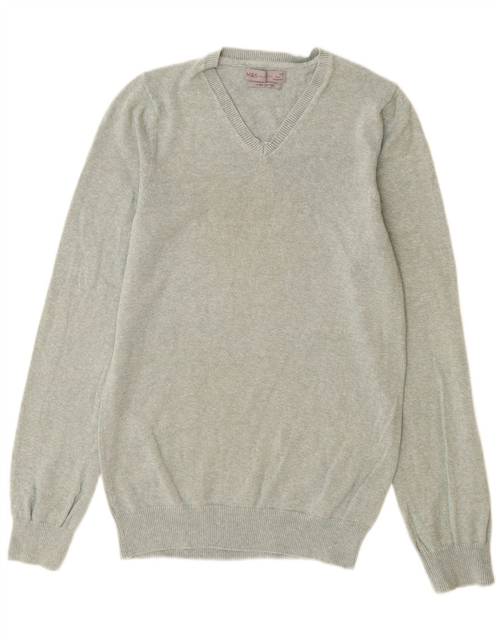 Marks & Spencer Mens V-Neck Jumper Sweater XS Green Cotton
