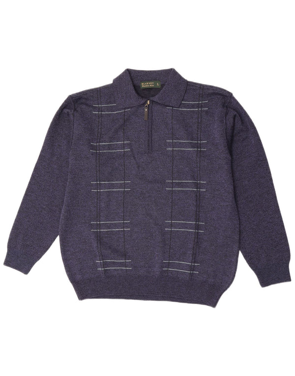 Blarney Woolen Mills Mens Polo Neck Jumper Sweater Large Navy Blue Striped