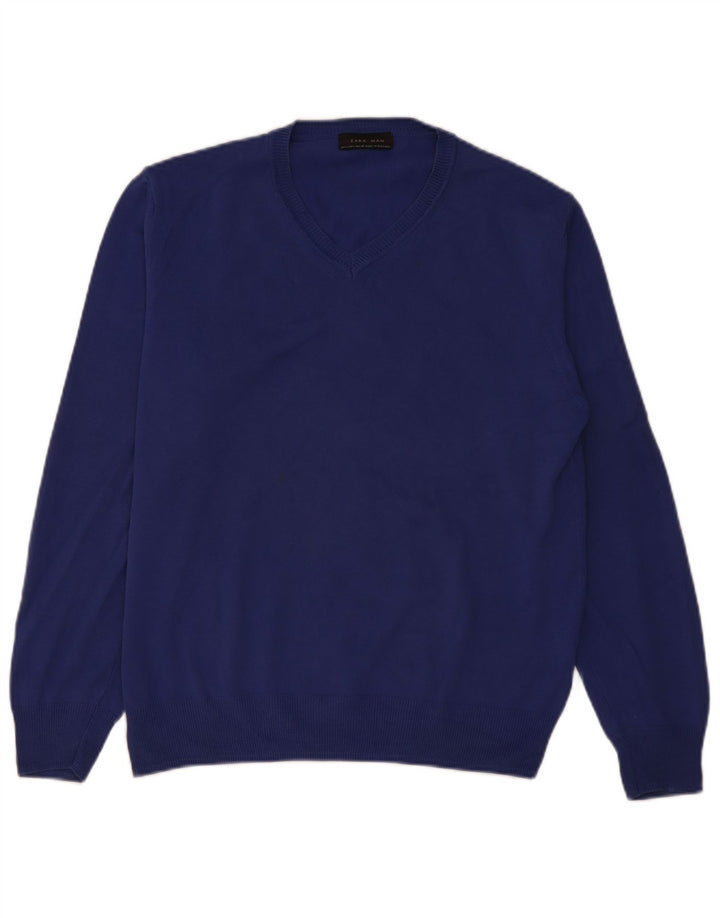 Zara Mens V-Neck Jumper Sweater Large Blue