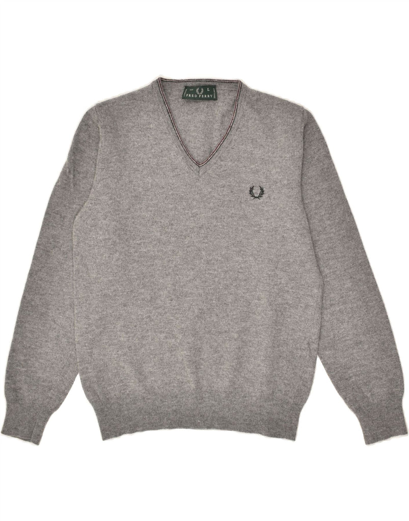 FRED PERRY Womens V-Neck Jumper Sweater UK 14 Large Grey Wool | Vintage Fred Perry | Thrift | Second-Hand Fred Perry | Used Clothing | Messina Hembry 