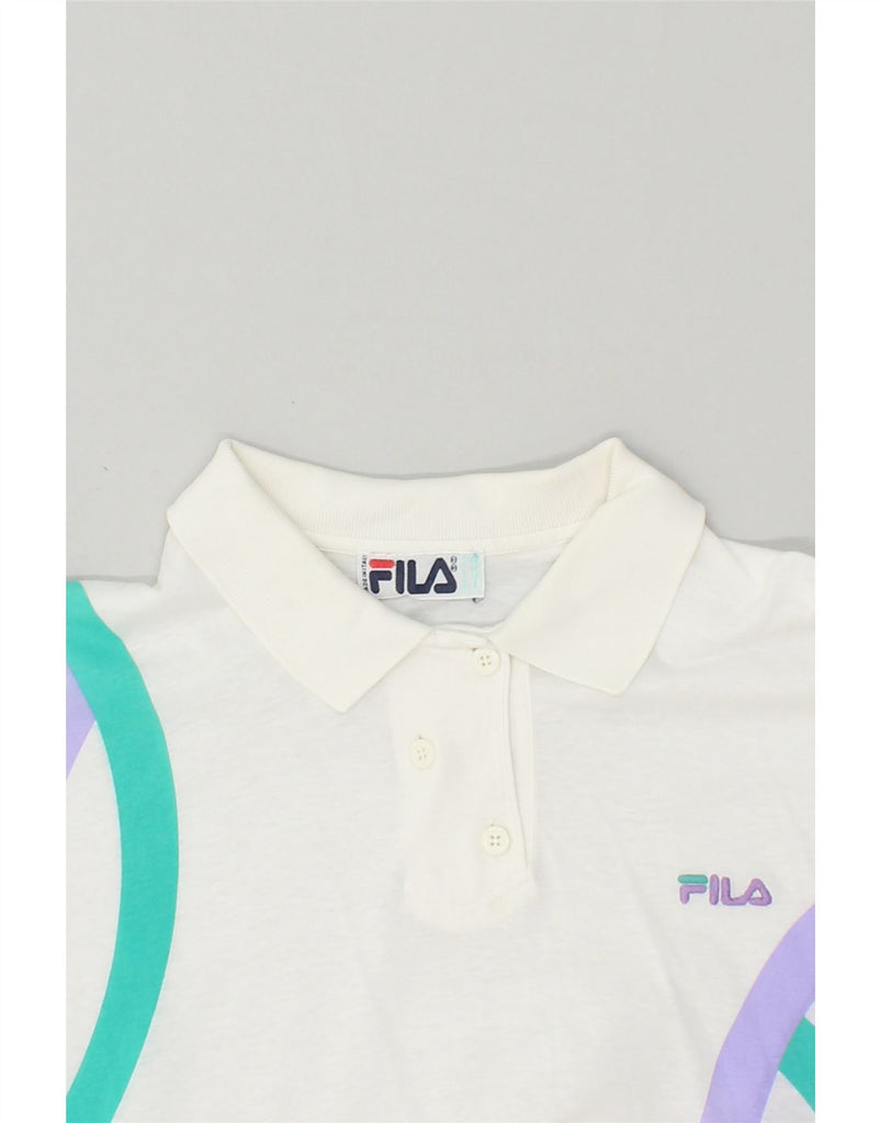 FILA Mens Graphic Polo Shirt IT 44 Medium White Geometric | Vintage Fila | Thrift | Second-Hand Fila | Used Clothing | Messina Hembry 