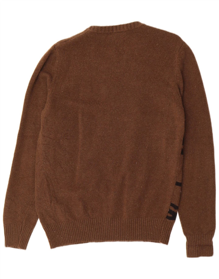Diesel Mens Graphic Crew Neck Jumper Sweater Medium Brown Wool