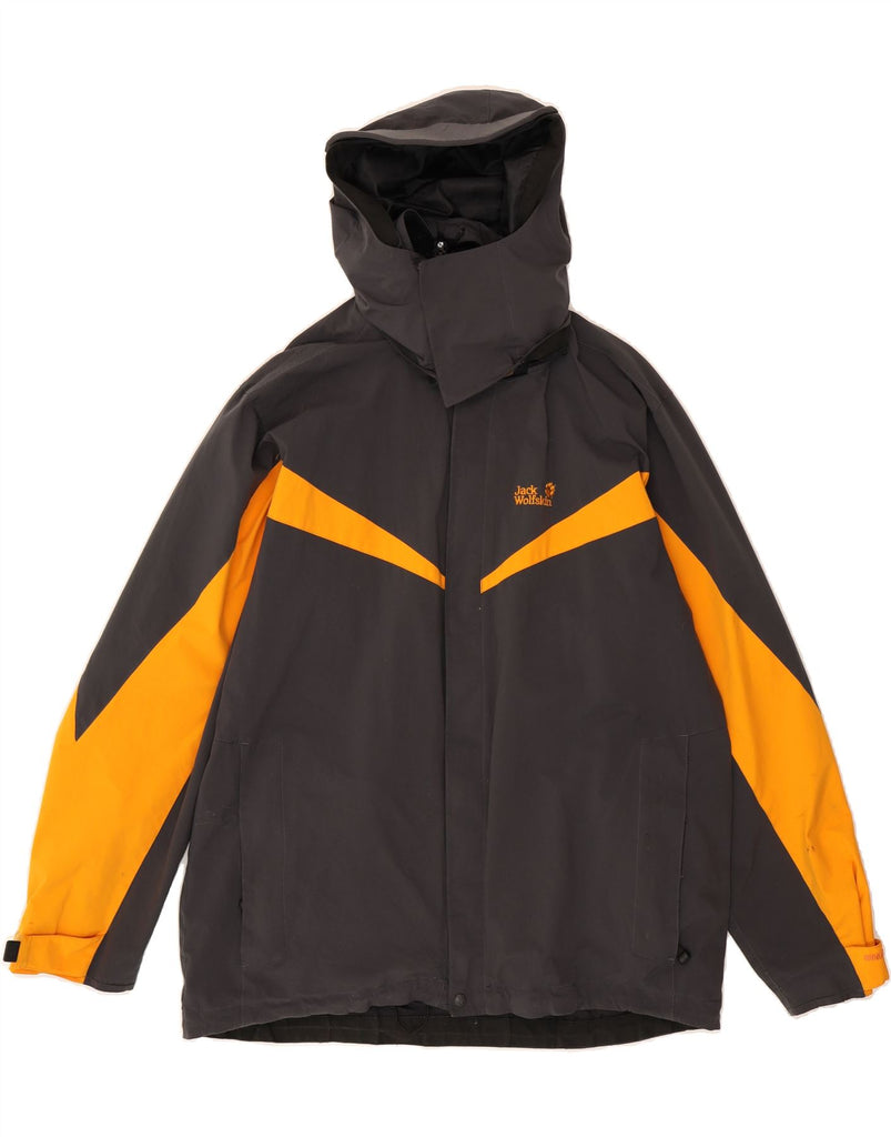 JACK WOLFSKIN Mens Hooded Rain Jacket UK 40/42 Large Navy Blue Colourblock Vintage Jack Wolfskin and Second-Hand Jack Wolfskin from Messina Hembry 