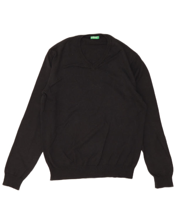 Benetton Mens V-Neck Jumper Sweater Small Black Cotton