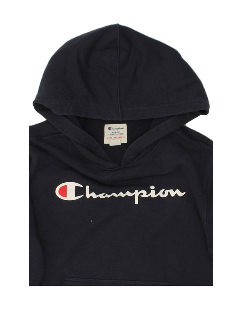 CHAMPION Boys Graphic Hoodie Jumper 10-11 Years Medium Navy Blue Cotton | Vintage Champion | Thrift | Second-Hand Champion | Used Clothing | Messina Hembry 