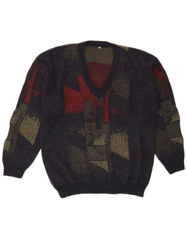 Vintage Mens V-Neck Jumper Sweater XL Navy Blue Geometric Wool