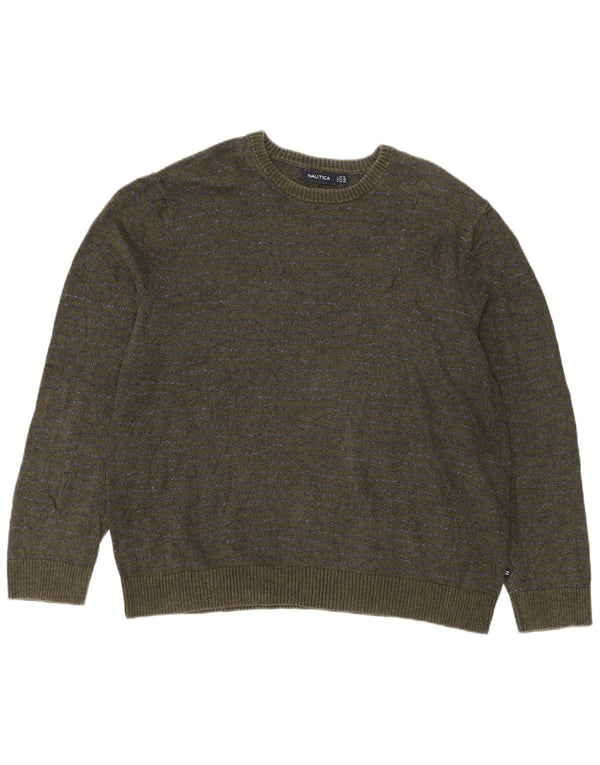 Nautica Mens Crew Neck Jumper Sweater 2XL Green Pinstripe Cotton