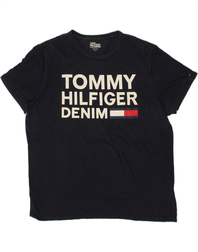 TOMMY HILFIGER Mens Graphic T-Shirt Top Large Navy Blue Cotton | Vintage Tommy Hilfiger | Thrift | Second-Hand Tommy Hilfiger | Used Clothing | Messina Hembry 