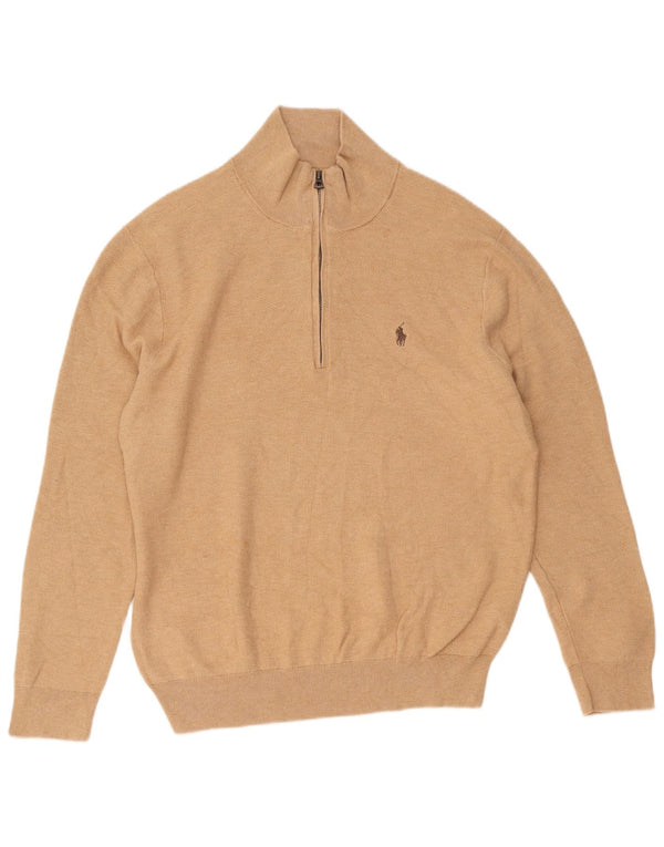 Polo Ralph Lauren Mens Zip Neck Jumper Sweater Large Beige Cotton