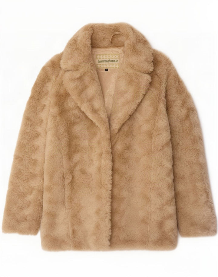 Vintage Womens Oversized Faux Fur Jacket UK 12 Medium Beige Polyester