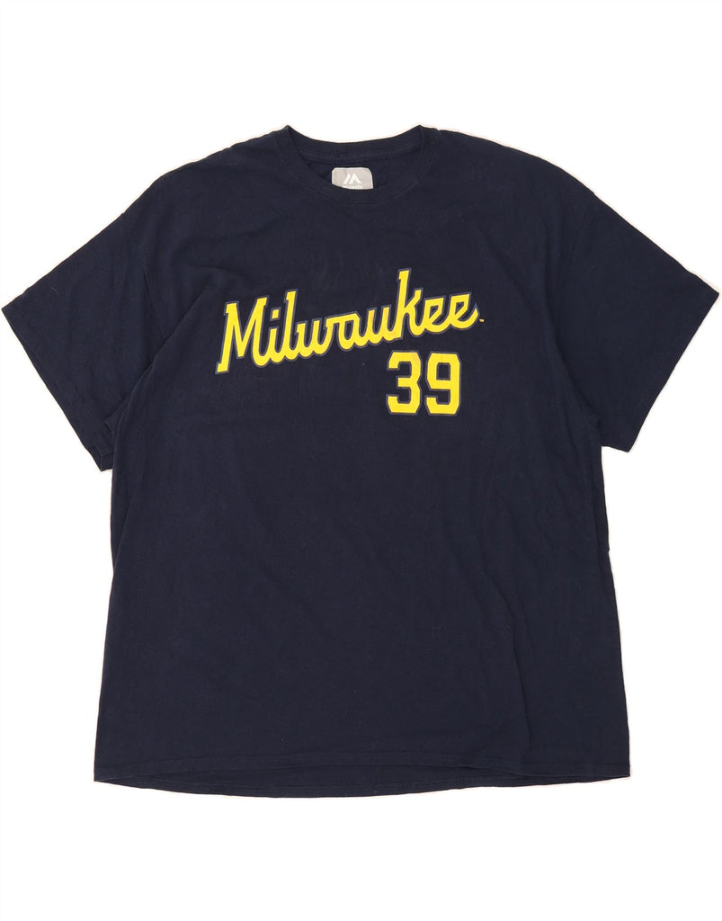 MAJESTIC Mens Milwaukee Brewers Graphic T-Shirt Top 2XL Navy Blue Vintage Majestic and Second-Hand Majestic from Messina Hembry 