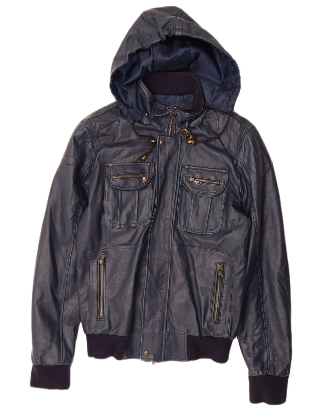 VINTAGE Womens Hooded Leather Jacket UK 14 Large Navy Blue Leather