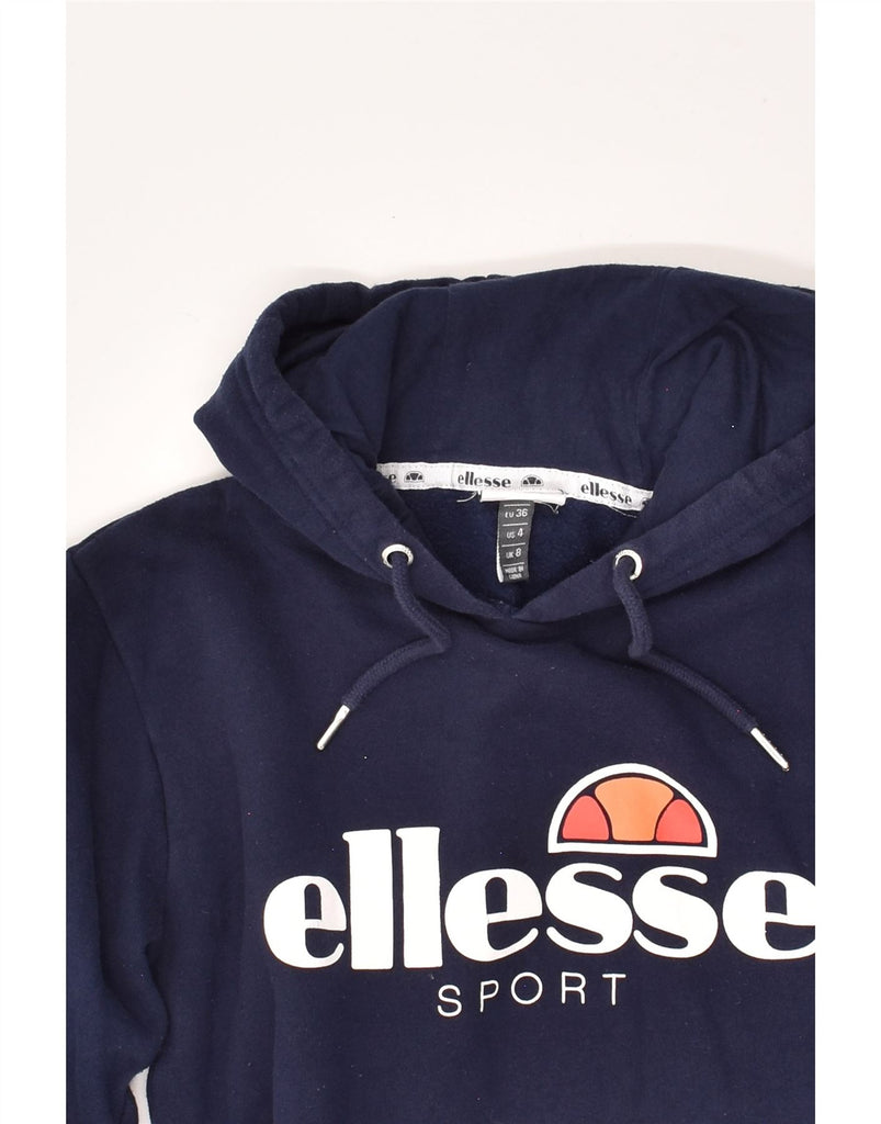 ELLESSE Womens Graphic Hoodie Jumper UK 8 Small Navy Blue Cotton | Vintage Ellesse | Thrift | Second-Hand Ellesse | Used Clothing | Messina Hembry 