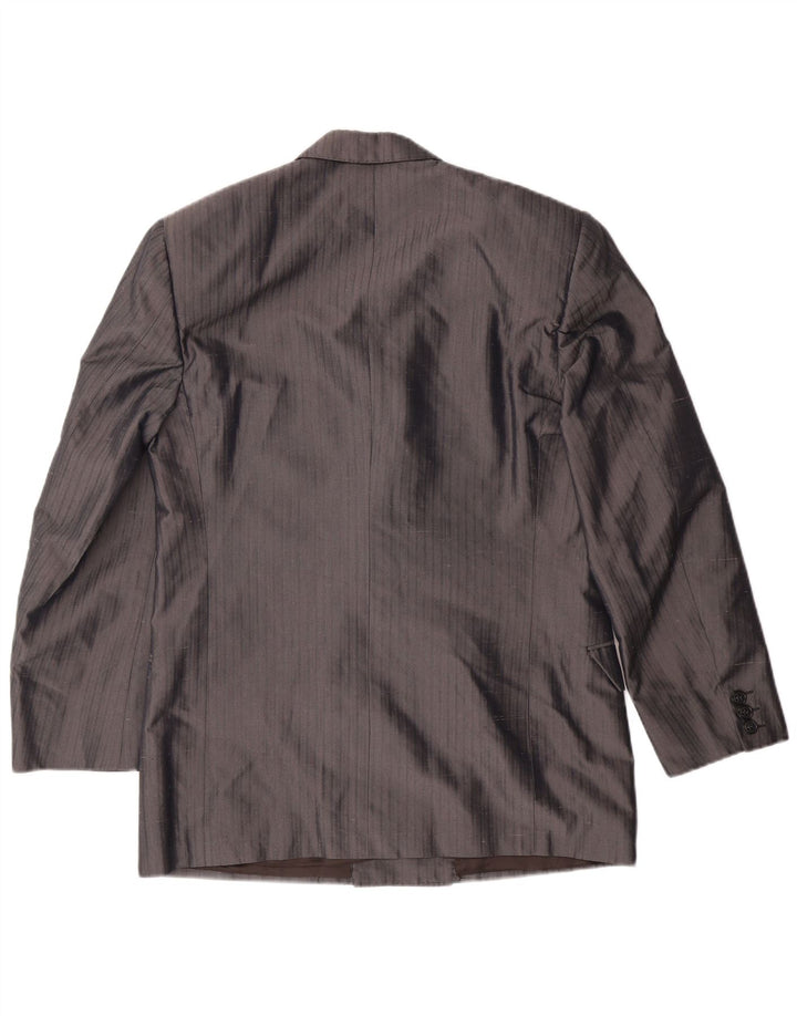 VINTAGE Mens Double Breasted Blazer Jacket IT 46 Large Grey Pinstripe Silk