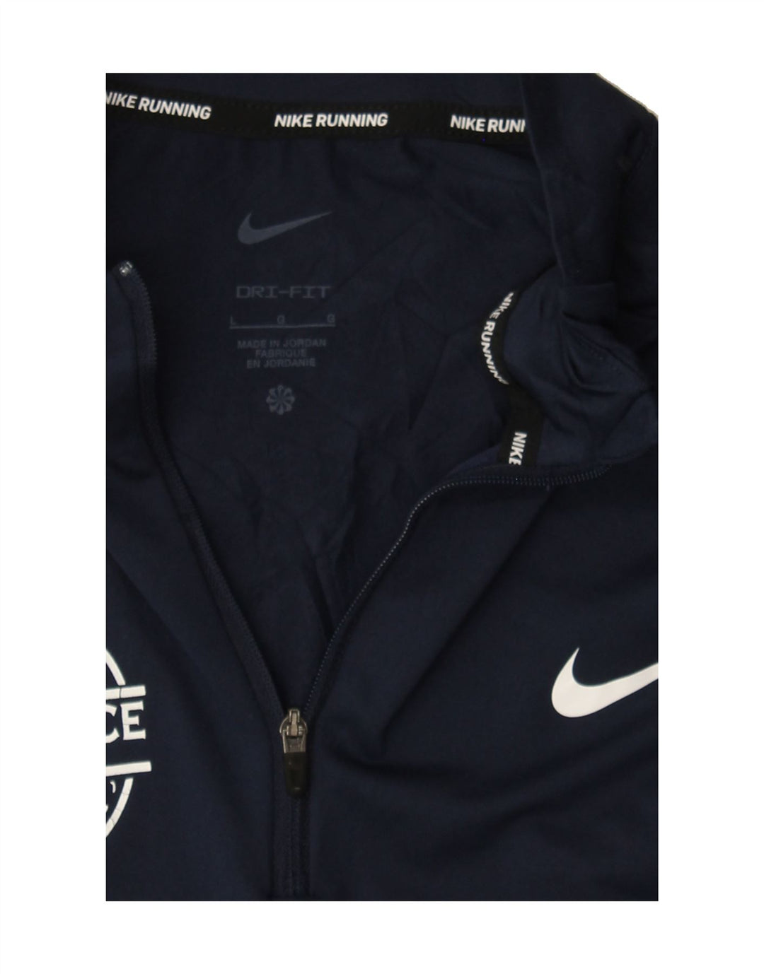 NIKE Mens Dri Fit Graphic Zip Neck Pullover Tracksuit Top Large Navy Blue Vintage Nike and Second-Hand Nike from Messina Hembry 