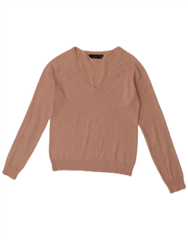 Zara Womens Crop V-Neck Jumper Sweater UK 12 Medium Pink