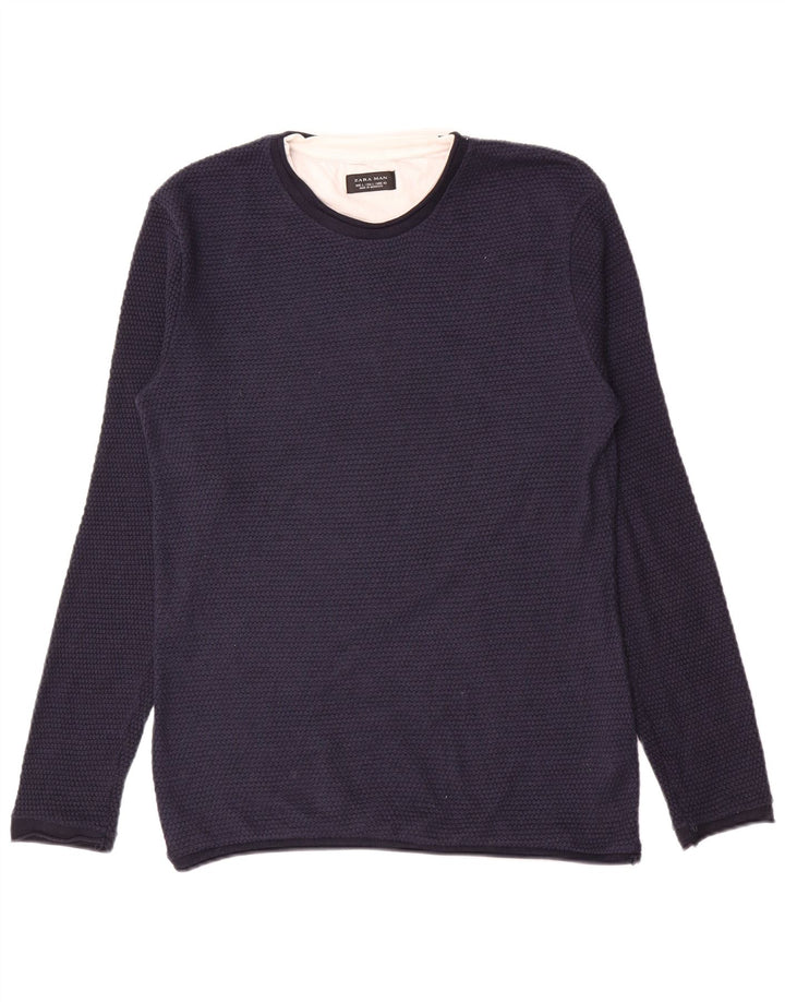 Zara Mens Crew Neck Jumper Sweater Large Navy Blue Polyester