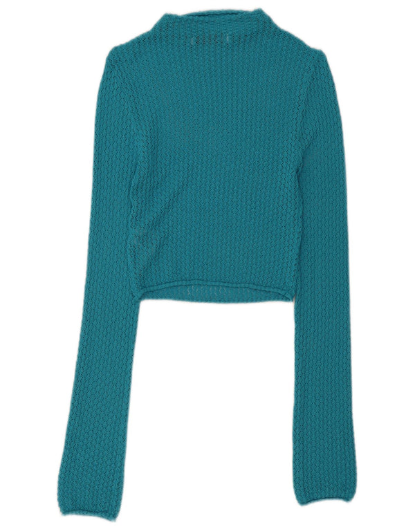 Zara Womens Crop Crochet Turtle Neck Jumper Sweater UK 12 Medium Blue