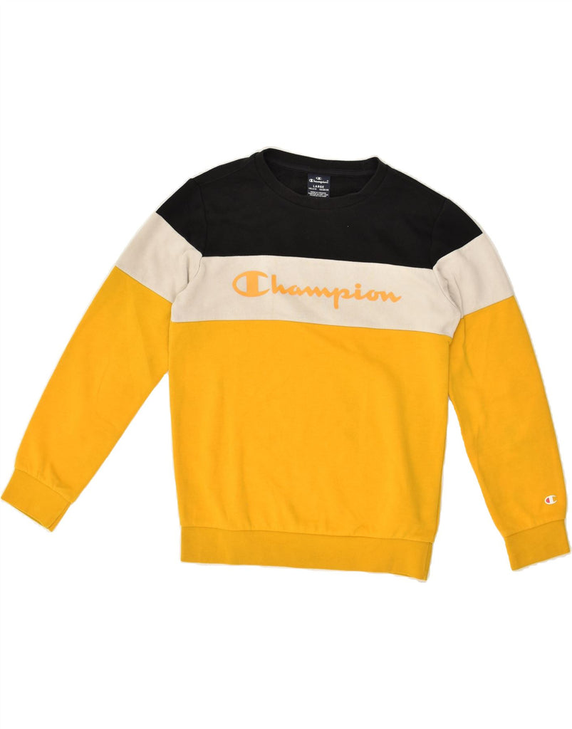 CHAMPION Boys Graphic Sweatshirt Jumper 11-12 Years Large Yellow Striped | Vintage Champion | Thrift | Second-Hand Champion | Used Clothing | Messina Hembry 