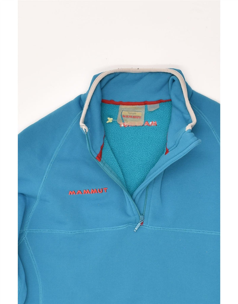 MAMMUT Womens Graphic Zip Neck Hoodie Jumper UK 16 Large Blue Polyester | Vintage Mammut | Thrift | Second-Hand Mammut | Used Clothing | Messina Hembry 