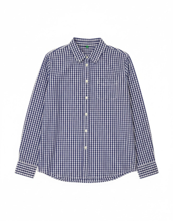 Benetton Womens Shirt UK 16 Large Blue Gingham Cotton