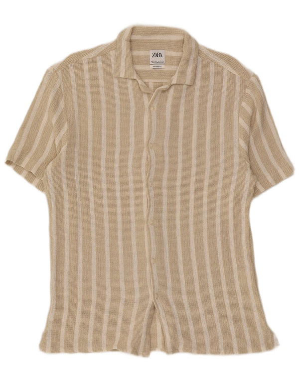 Zara Mens Short Sleeve Relaxed Fit Shirt Large Beige Striped
