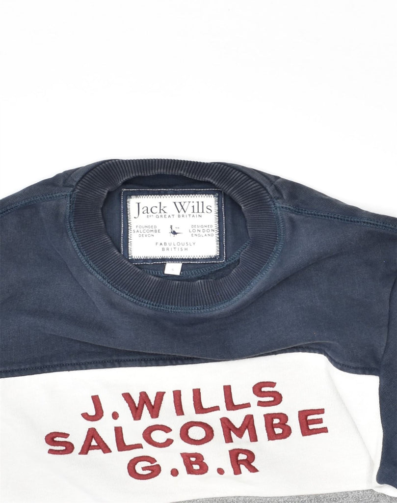 JACK WILLS Mens Graphic Sweatshirt Jumper Small Navy Blue Cotton | Vintage Jack Wills | Thrift | Second-Hand Jack Wills | Used Clothing | Messina Hembry 