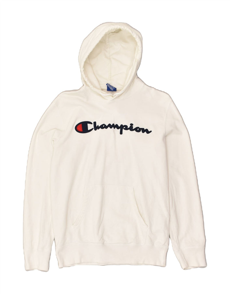 CHAMPION Mens Graphic Hoodie Jumper Medium White Cotton | Vintage Champion | Thrift | Second-Hand Champion | Used Clothing | Messina Hembry 