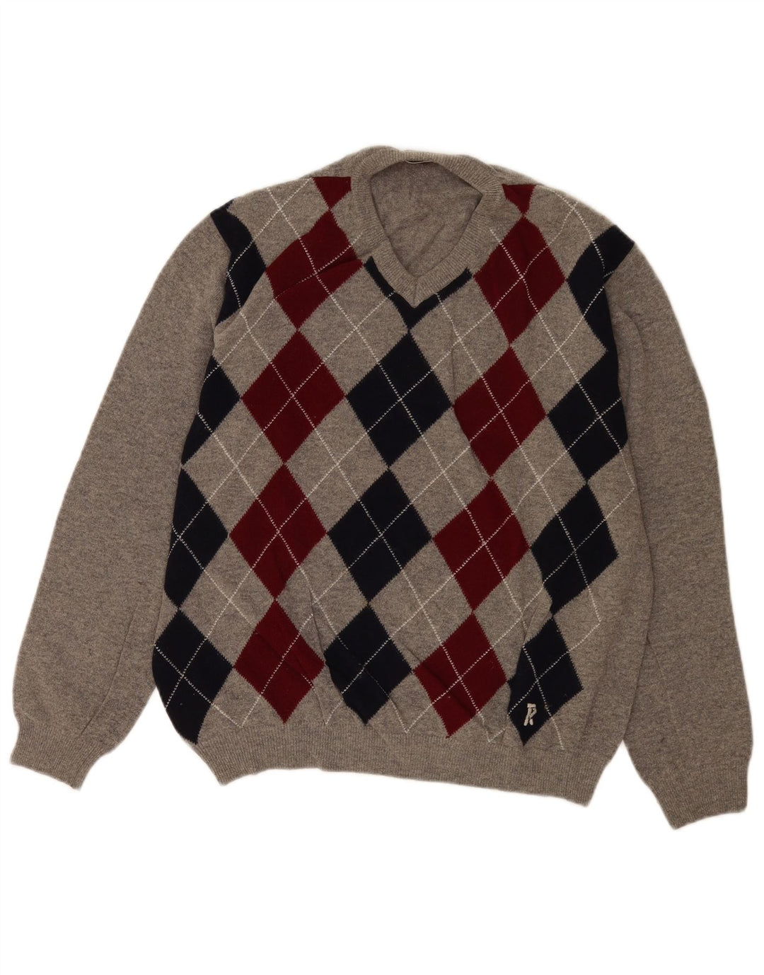 Rifle Mens V-Neck Jumper Sweater Large Grey Argyle/Diamond Wool