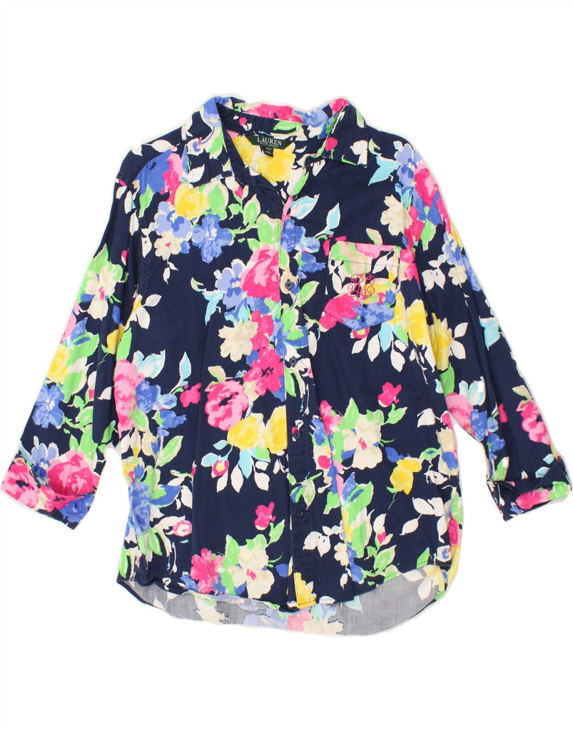 RALPH LAUREN Womens 3/4 Sleeve Shirt UK 14 Medium Navy Blue Floral Cotton | Vintage Ralph Lauren | Thrift | Second-Hand Ralph Lauren | Used Clothing | Messina Hembry 