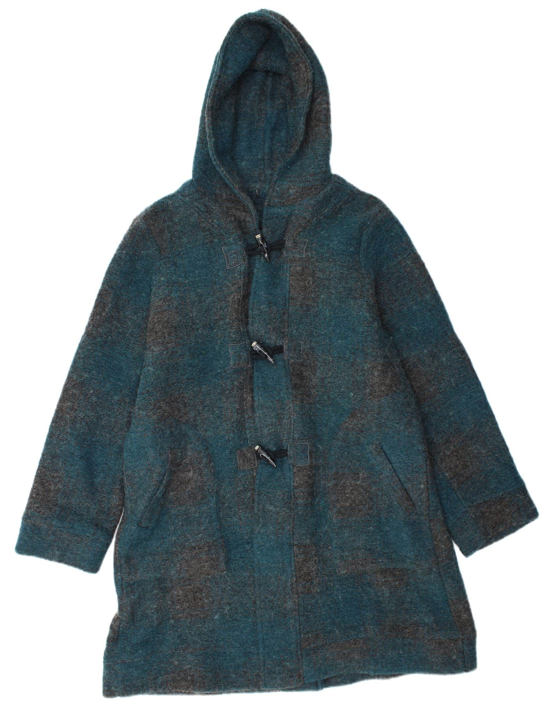Vintage Womens Hooded Duffle Coat UK 16 Large Turquoise Check