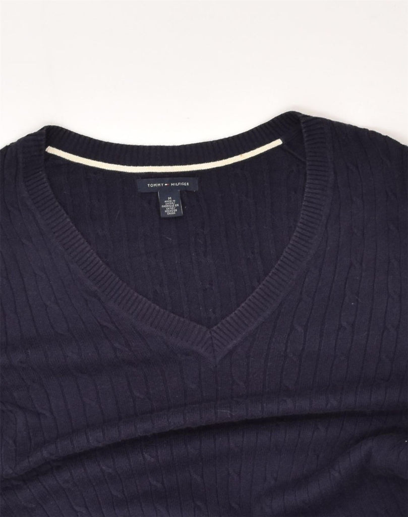 TOMMY HILFIGER Womens V-Neck Jumper Sweater UK 12 Medium Navy Blue Cotton | Vintage Tommy Hilfiger | Thrift | Second-Hand Tommy Hilfiger | Used Clothing | Messina Hembry 