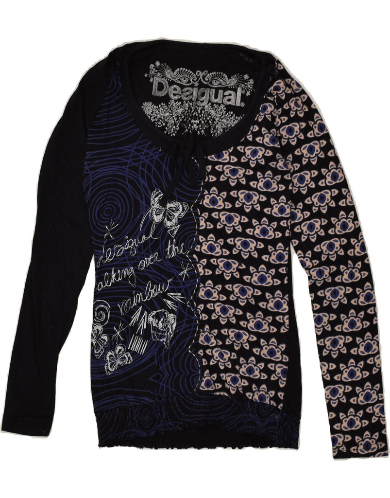 DESIGUAL Womens Graphic Top Long Sleeve UK 6 XS Navy Blue Floral Cotton | Vintage Desigual | Thrift | Second-Hand Desigual | Used Clothing | Messina Hembry 